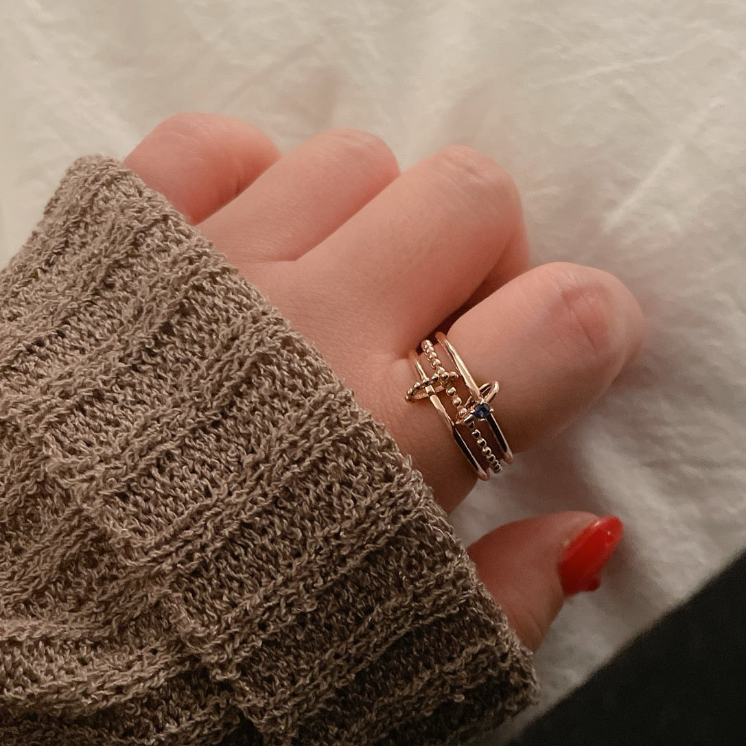 Three Connector Blue CZ Band Ring