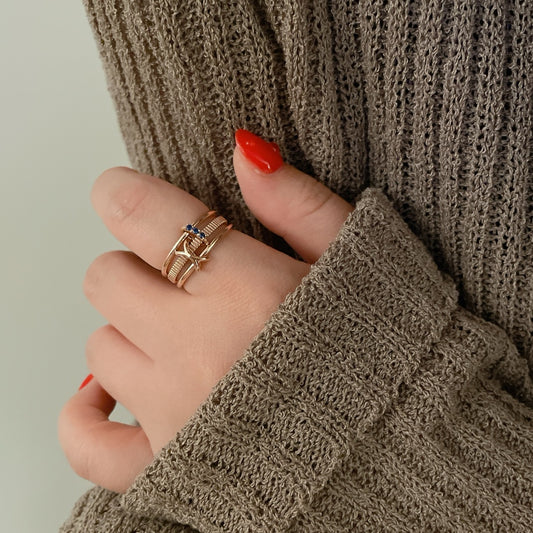 Blue CZ Three Connector Ring