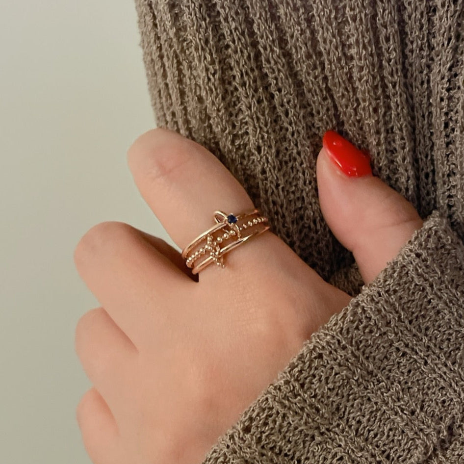 Three Connector Blue CZ Band Ring