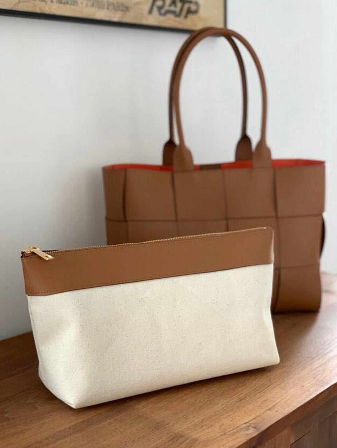 Large Woven Tote Bag with Pouch