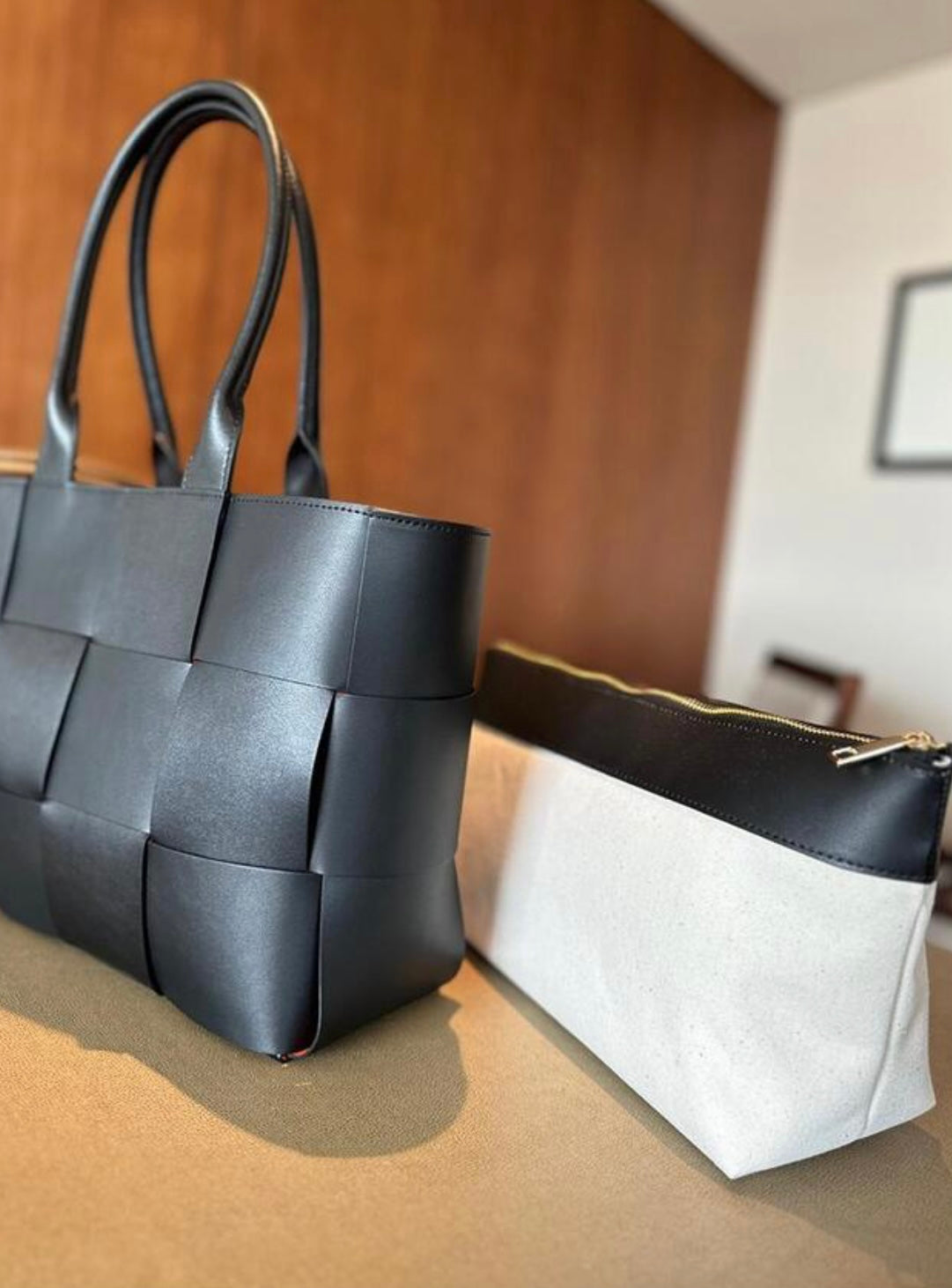 Large Woven Tote Bag with Pouch