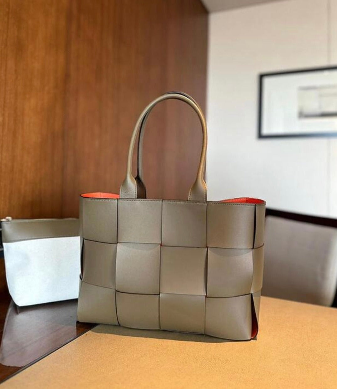 Large Woven Tote Bag with Pouch