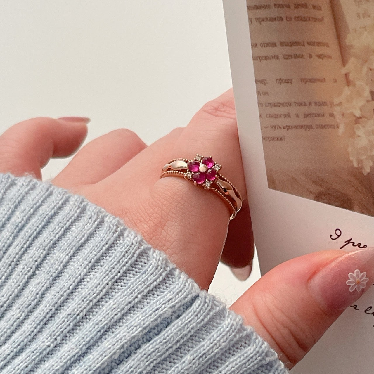 Ruby Flower & Oval Ring