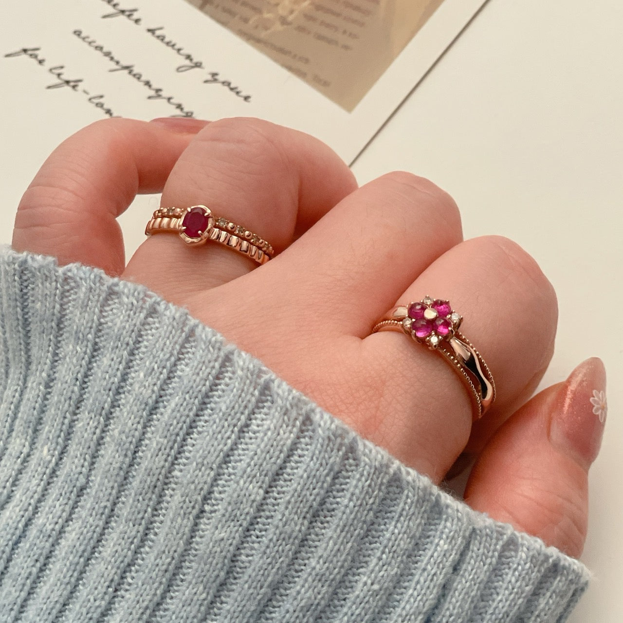 Ruby Flower & Oval Ring